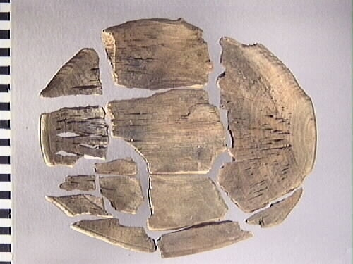 En träskål i delar.

Av delarna att döma har skålen varit plant samt försett med en svarvad fotring. På insidan av skålen, strax nedanför mynningskanten, har det löpt en dekorativ, svarvad linje. Mindre bitar av skålen saknas.

Delarna är mycket spruckna och mycket sköra.