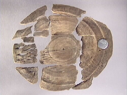 En träskål i delar.

Av delarna att döma har skålen varit plant samt försett med en svarvad fotring. På insidan av skålen, strax nedanför mynningskanten, har det löpt en dekorativ, svarvad linje. Mindre bitar av skålen saknas.

Delarna är mycket spruckna och mycket sköra.