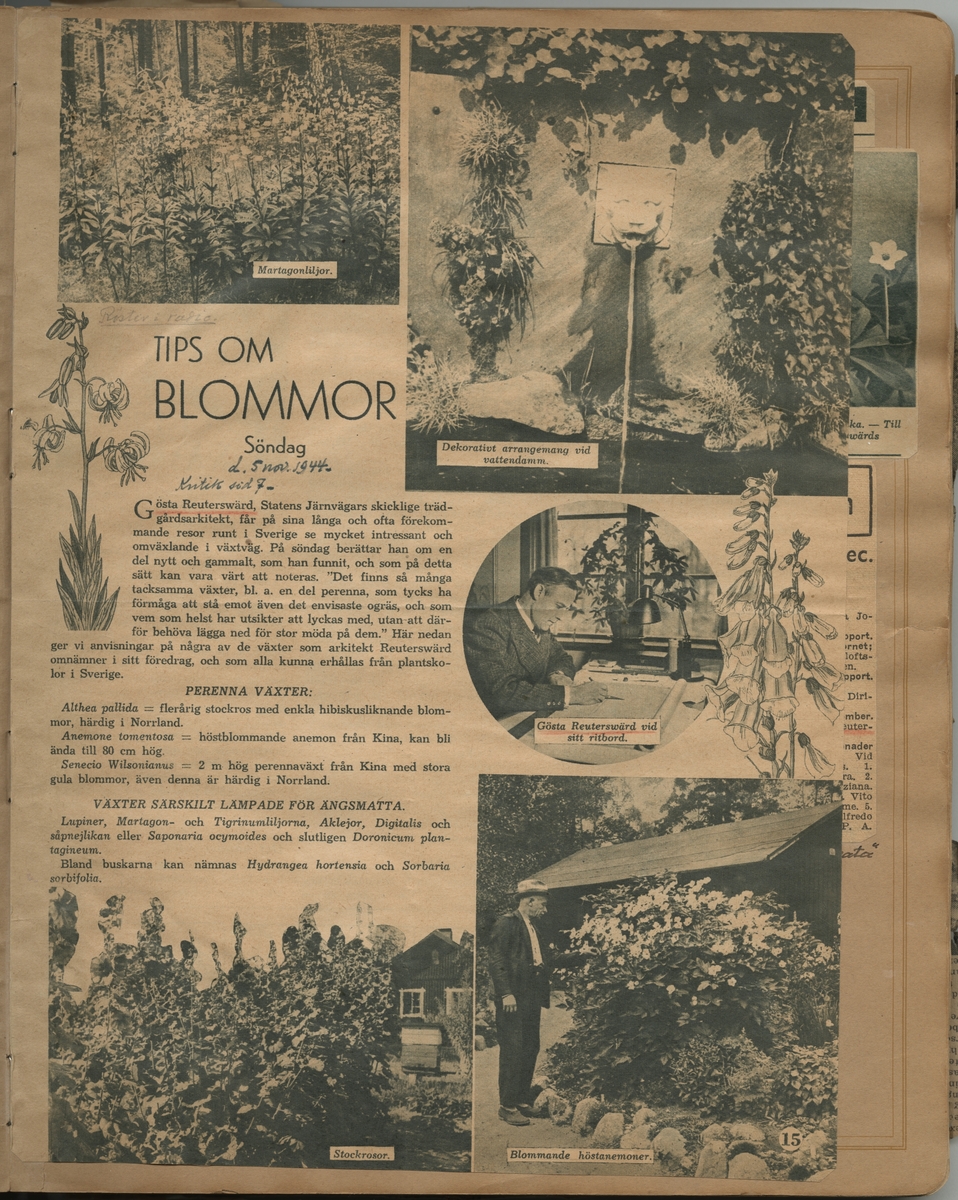 Tidningsklipp ur "Uppsatser om trädgårdar m.m. som på ett eller annat sätt beröra Gösta Reuterswärd. Samlade av Ernst Hj."

Röster i radio, 05-11-1944: Tips om blommor.