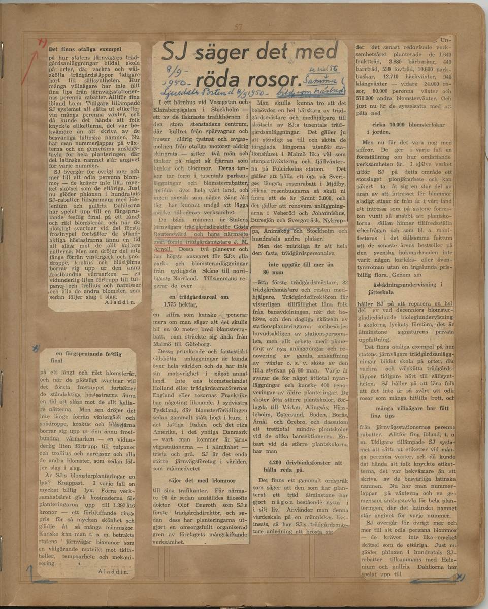 Tidningsklipp ur "Uppsatser om trädgårdar m.m. som på ett eller annat sätt beröra Gösta Reuterswärd. Samlade av Ernst Hj."

Fortsättning av föregående artikel: Sundsvallsposten, 08-09-1950: SJ:s stationsplanteringar ger trädgårdsodlare tips.

Ljusdals-Posten, 08-09-1950: SJ säger det med röda rosor.