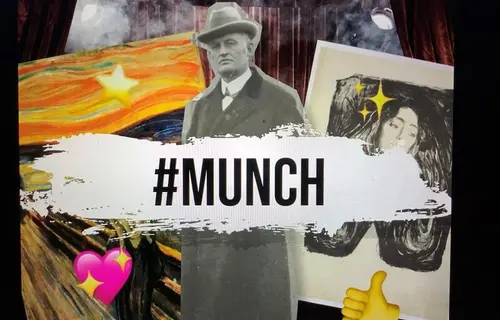 Et collage av mange bilder i bakgrunn av et sort-hvit-bilde av en mann med hatt og frakk. Over hele bildet er det et hvitt felt der det står #MUNCH.