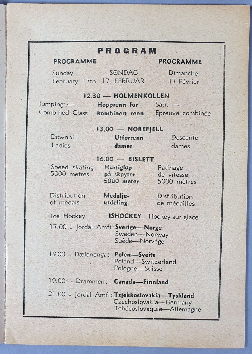 Program for øvelser under Vinter-OL i Oslo, den 17 februar 1952.