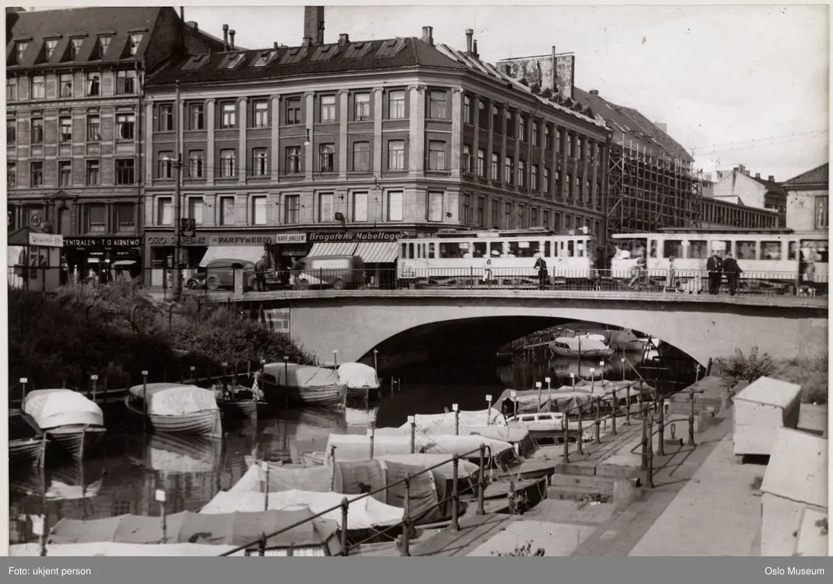 elv, småbåthavn, bro, trikker, biler, mennesker, bygårder