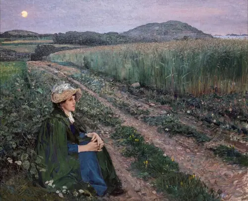 Maleriet Sommerkveld, Sande. En dame sitter  og ser utover en åker