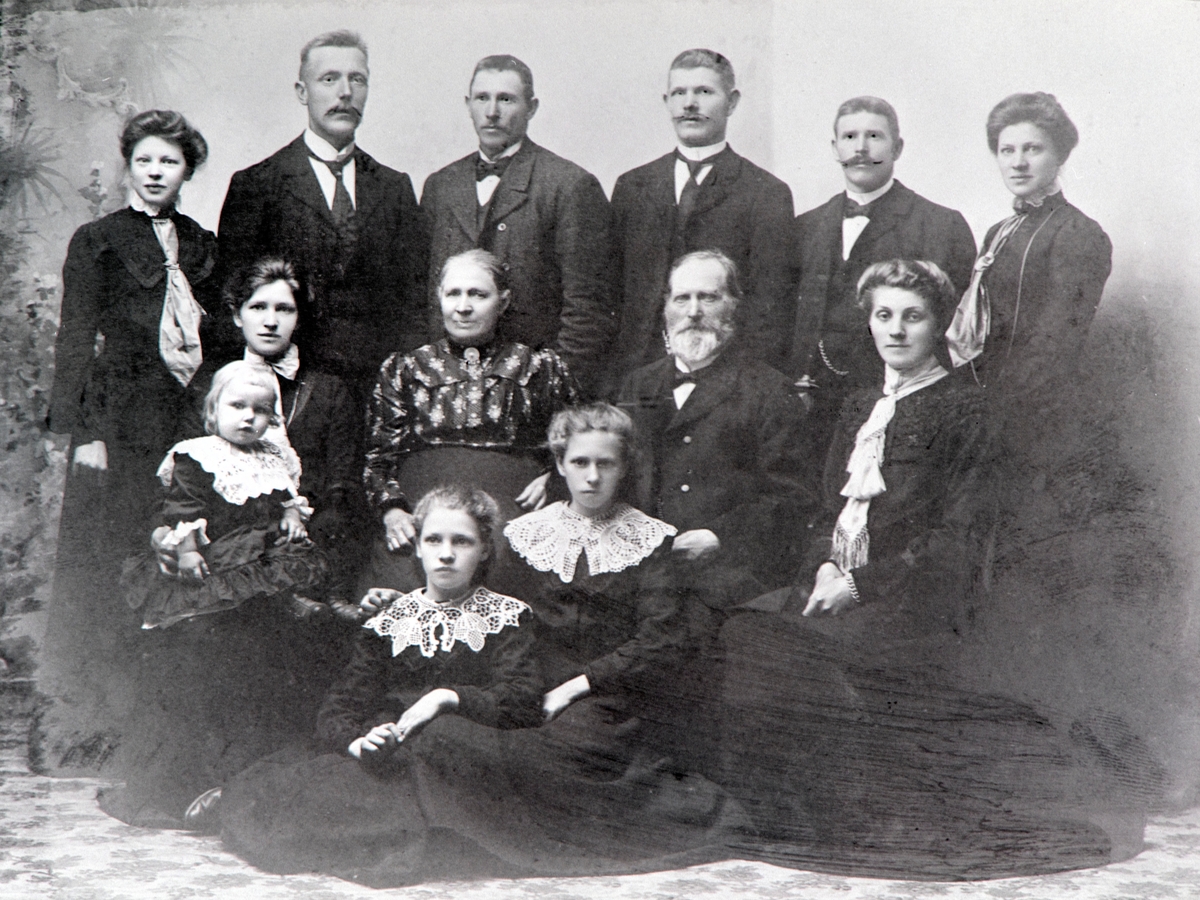 GRUPPE: 13, FAMILIE, BAK FRA VENSTRE: MARIE HANSEN, HANS HANSEN, PER SKJØNSBERG, PER HANSEN, ANTON HANSEN, OLE HANSEN, HELENE HANSEN, FORAN: RANDI MED ASBJØRN PÅ FANGET, ANNE HANSEN, FØRST: AGNES HANSEN, OLINE HANSEN.
SKJØNSBERG GÅRD UNDER ØSTBY, ROMEDAL.