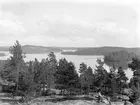 Panorama över Vindommen i Hannäs socken. Vy mot Älgesund och Skrickerumsfjärden med Bockskär i blickfånget. I bilden skymtar fotografens fru Dagmar Malm på en sten högt uppe på Näsberget.