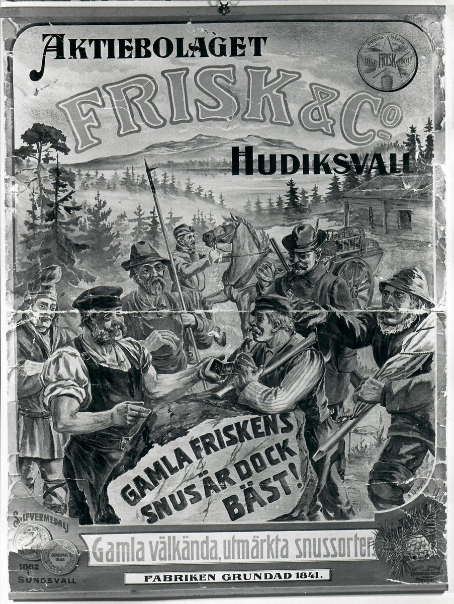 På baksidan står denna text: Reklamaffish Frisk & CO, Hudiskvall, tillverkare av snus främst sålt i norrland under 1800-talet. I sortimentet fanns bl.a Stjärnsnus, ett av många gamla snusmärken som levt ända in i vår tid.