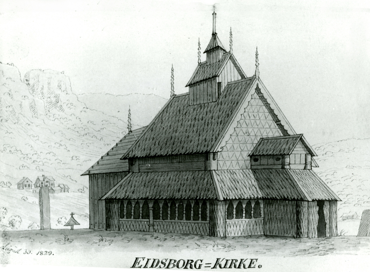 Teikning av Eidsborg stavkyrkje