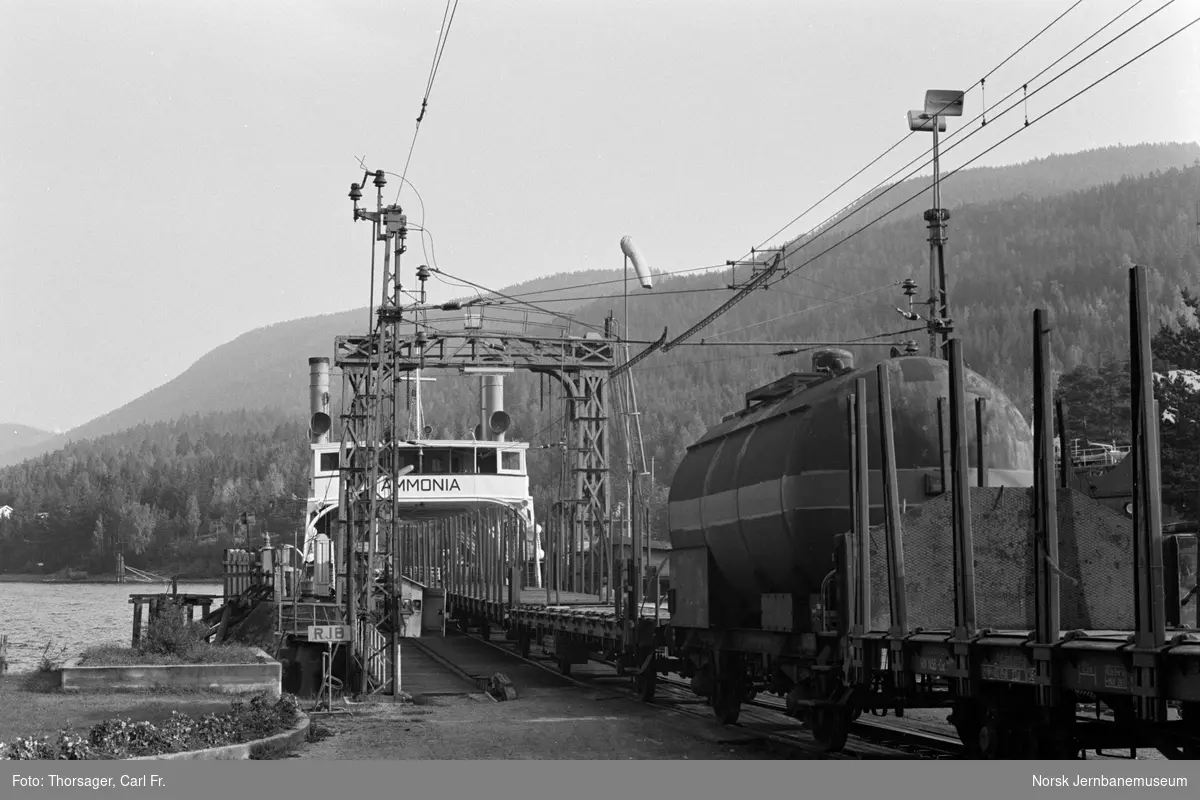 Dampfergen DF Ammonia i fergeleiet på Tinnoset. Godsvogner skiftes ombord