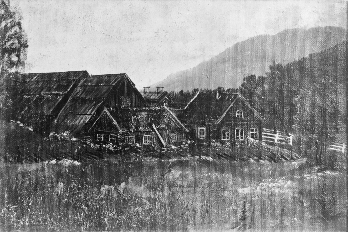 Reprofoto av maleri fra Drammens Glassverk. Motivet viser et flere mindre trehus.