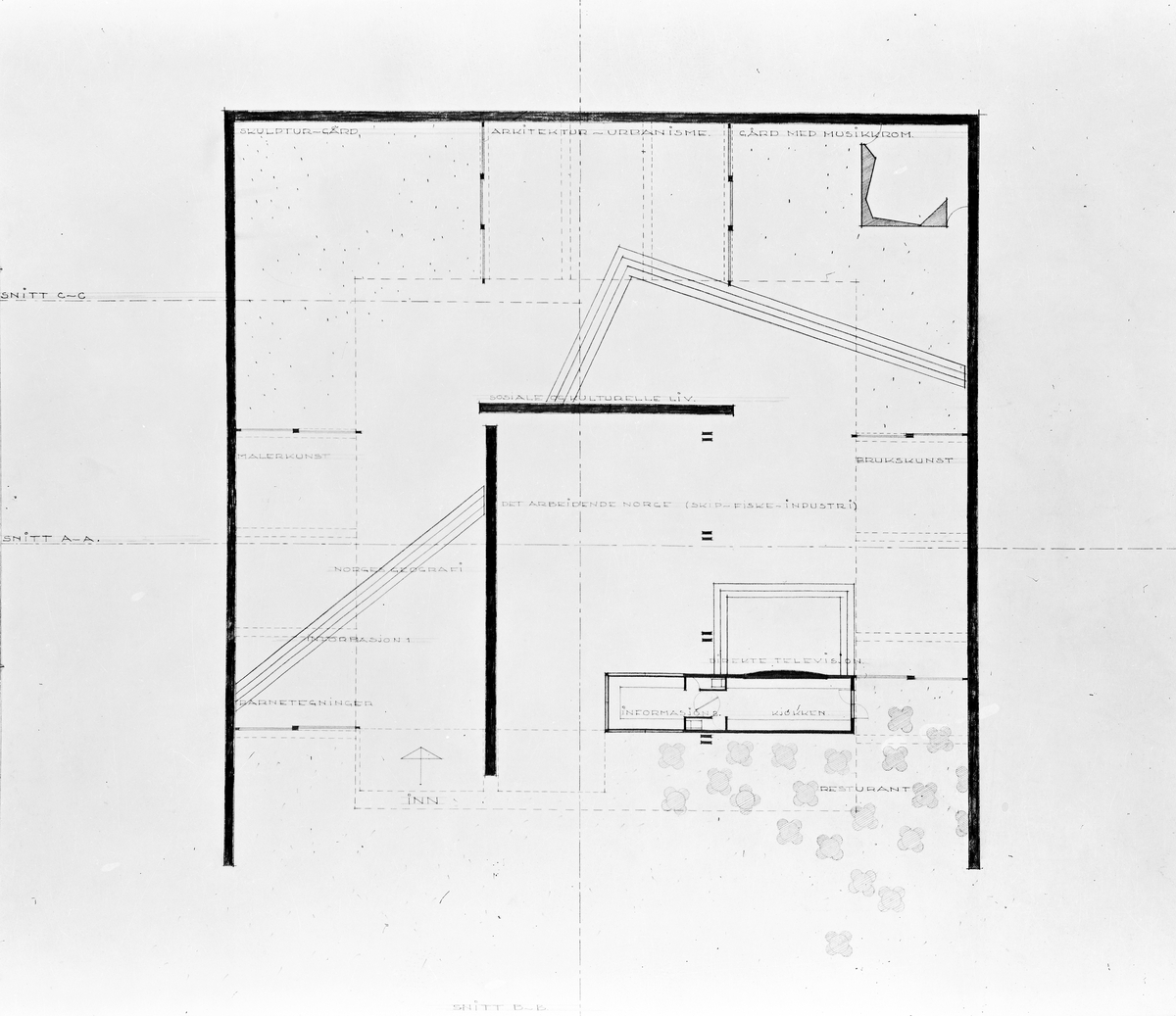 Norges paviljong til verdensutstillingen i Brüssel 1958, tegnet av arkitekt Sverre Fehn.