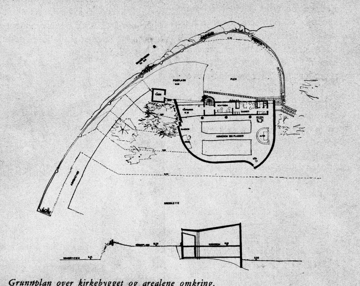 Arkitekturfoto av Snarøya kirke. Arbeidskirke i betong. Kirken er tegnet av arkitekt Odd Østbye, og blei nnviet 1968.