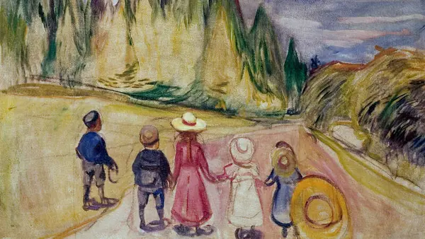 Bildet viser Edvard Munchs maleri Eventyrskogen, med fem barn som holder hender.
