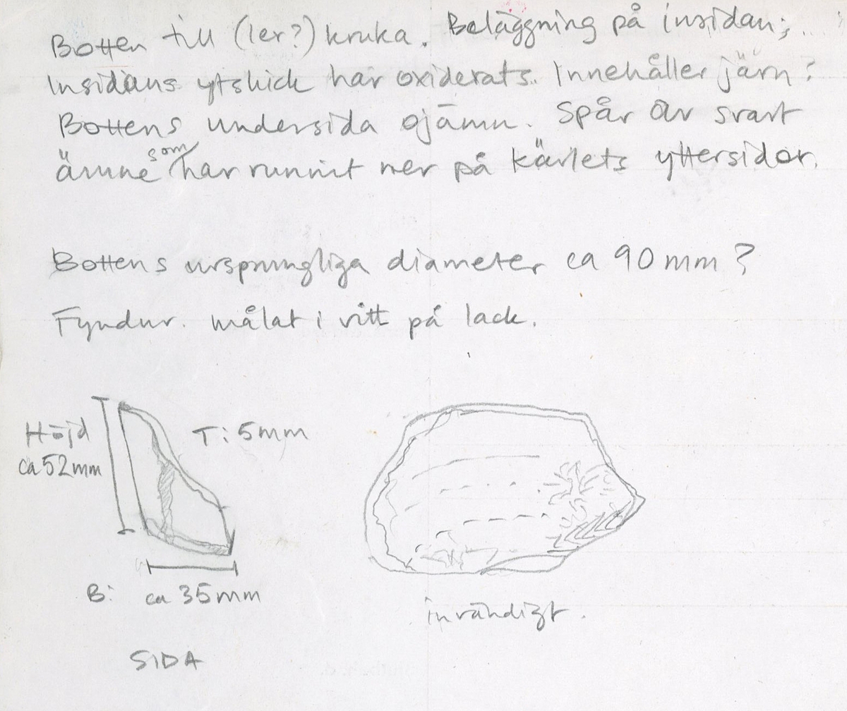 En plan bottendel till en kruka. Insidan svart och rostfärgad och har spår av att ha innehållit svart färg, tjära eller dyligt. Utsidan fragmentarisk och nött med fläckvis stänk av svart färg eller tjära.