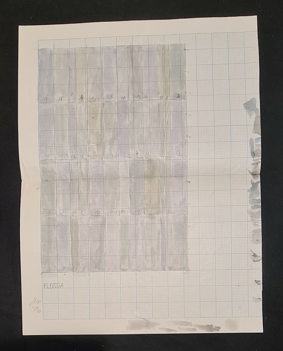 Mapp med vävmönster, studier och teckningar till bland annat mönster för kläd- och möbeltyger, material för ljuslära m.m. Allt är samlat i en blå, grå, svart randig mapp vilken sammanknytes med lädersnören.

Tillverkaren, Kerstin Saltin, föddes 1935 i Söderhamn och praktiserade där i 17-18-årsåldern på Hemslöjden. Av en tillfällighet kom hon till Johanna Brunssons Vävskola där hon gick en tvåårig utbildning 1957-1958. Skolan upphörde 1958. Som lärare hade hon bland andra Ernstsson och Lundberg. På skolan lärde man främst teknik och eleverna erbjöds visst utrymme för egen form och komposition. Efter examen åkte Kerstin Saltin till USA där hon under sex år var vävlärare för förståndshandikappade elever. Återkommen till Sverige arbetade hon vid Hinderssons vävavdelning samt vid Blomqvists i Fritsla. Gåvan överlämnades i samband med givarens flytt från Göteborg till Ljungskile.
