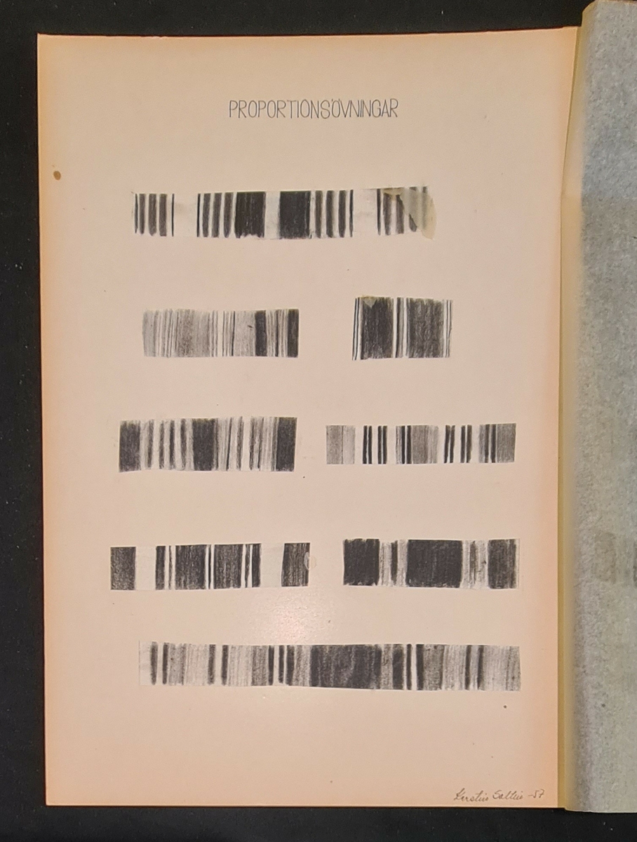 Mapp med vävmönster, studier och teckningar till bland annat mönster för kläd- och möbeltyger, material för ljuslära m.m. Allt är samlat i en blå, grå, svart randig mapp vilken sammanknytes med lädersnören.

Tillverkaren, Kerstin Saltin, föddes 1935 i Söderhamn och praktiserade där i 17-18-årsåldern på Hemslöjden. Av en tillfällighet kom hon till Johanna Brunssons Vävskola där hon gick en tvåårig utbildning 1957-1958. Skolan upphörde 1958. Som lärare hade hon bland andra Ernstsson och Lundberg. På skolan lärde man främst teknik och eleverna erbjöds visst utrymme för egen form och komposition. Efter examen åkte Kerstin Saltin till USA där hon under sex år var vävlärare för förståndshandikappade elever. Återkommen till Sverige arbetade hon vid Hinderssons vävavdelning samt vid Blomqvists i Fritsla. Gåvan överlämnades i samband med givarens flytt från Göteborg till Ljungskile.