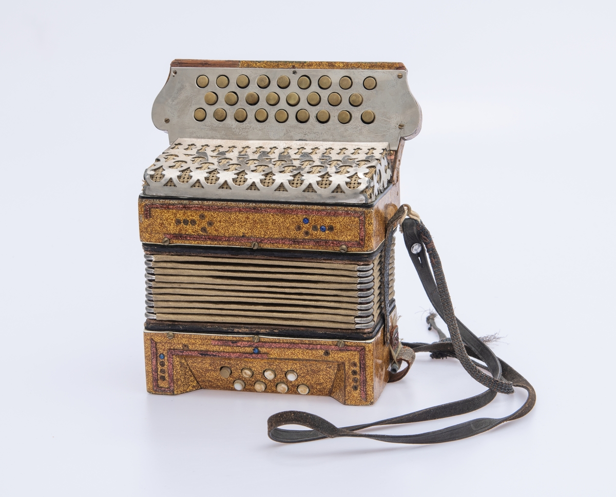 Gullspraglete overflate, med innsatte pyntejuveler. De fleste mangler. Blankt metallbeslag over knappene på høyre side foran. Lærreimer.