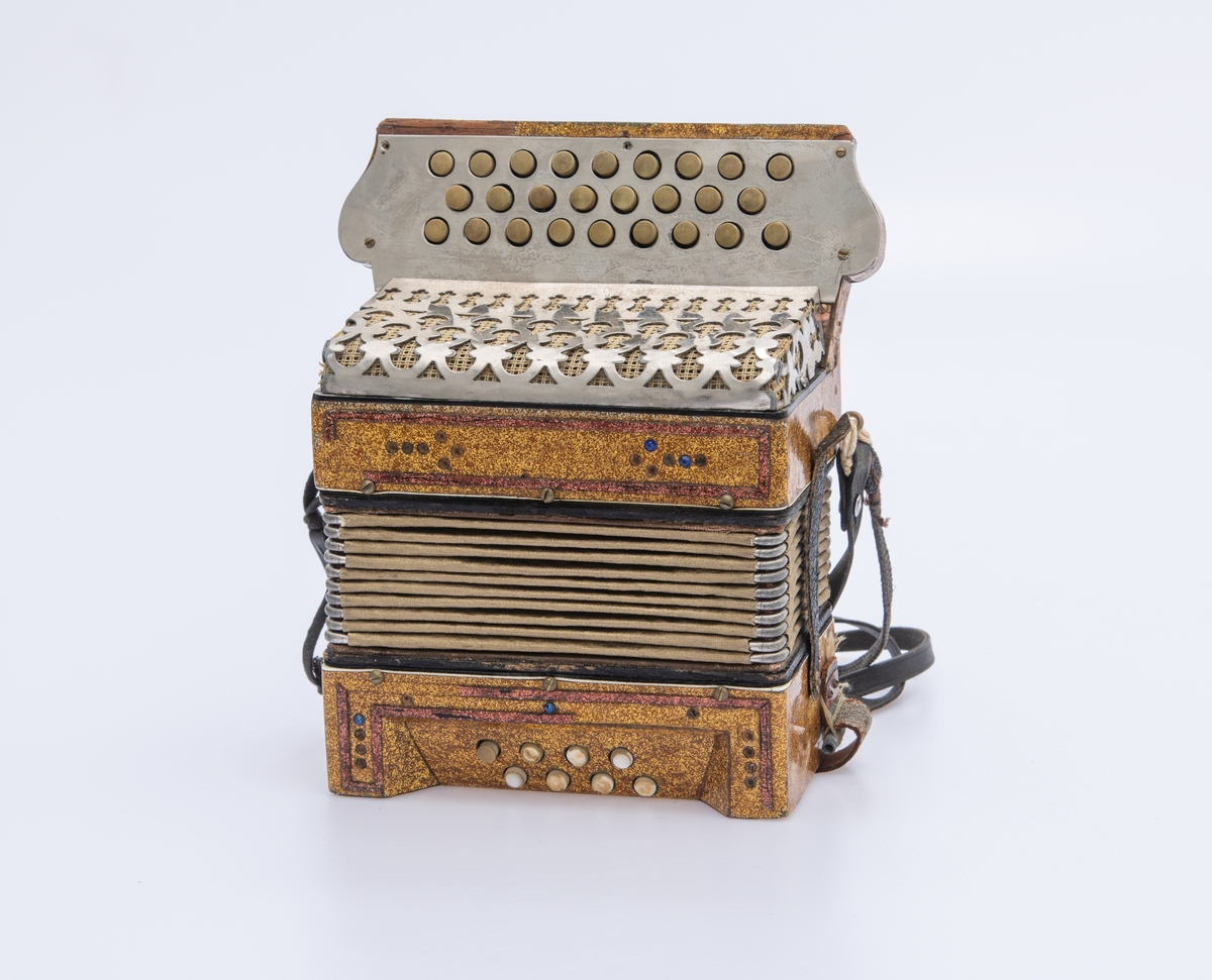 Gullspraglete overflate, med innsatte pyntejuveler. De fleste mangler. Blankt metallbeslag over knappene på høyre side foran. Lærreimer.