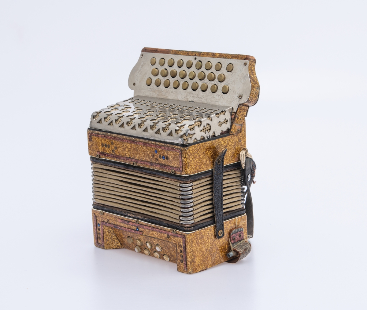 Gullspraglete overflate, med innsatte pyntejuveler. De fleste mangler. Blankt metallbeslag over knappene på høyre side foran. Lærreimer.