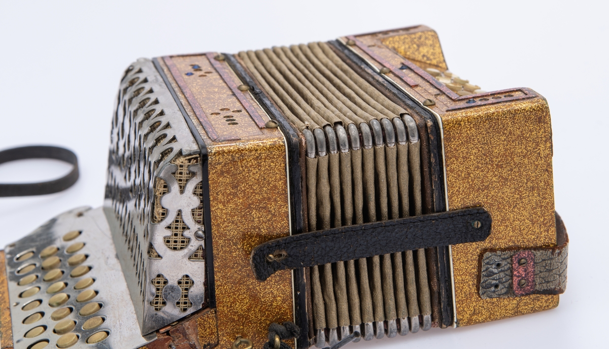 Gullspraglete overflate, med innsatte pyntejuveler. De fleste mangler. Blankt metallbeslag over knappene på høyre side foran. Lærreimer.