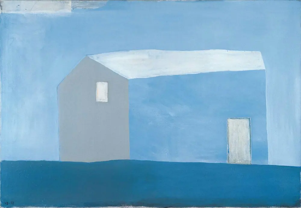 Maleri i ulike nyanser av blått, litt grått og hvit. Motivet er et hus