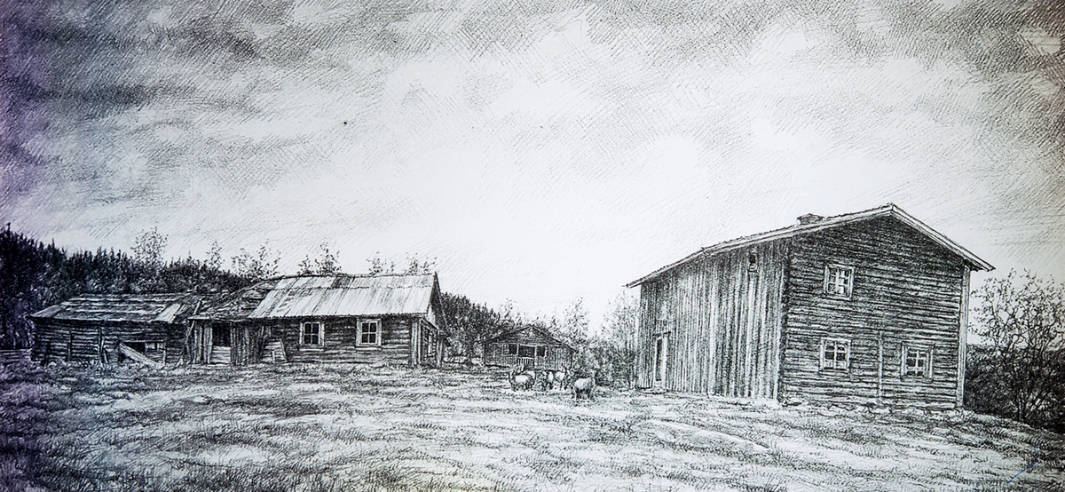 Tegning som viser Stensåsen slik det så ut ca. 1950. Midt på bildet ser vi stabburet og til venstre gammelstua og redskapsskjulet. Privat eie.