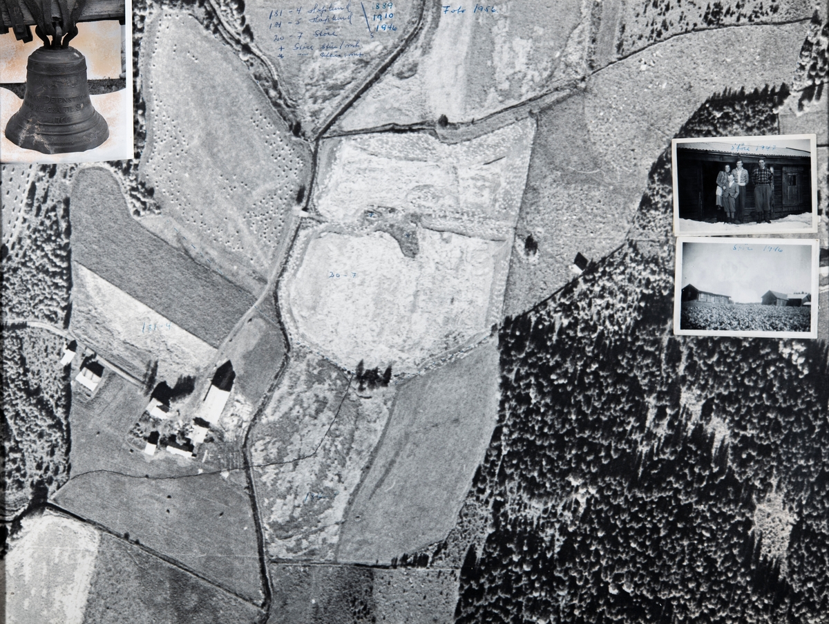 Flyfoto over eiendommen Hafslund. Løten. Rothagabekken deler eiendommen i to. Jordene der husene ligger er Hafslund. Jordet nord for Hafslund er Hovslund og jordet på andre siden av bekken er Støre. Foto: Privat eie