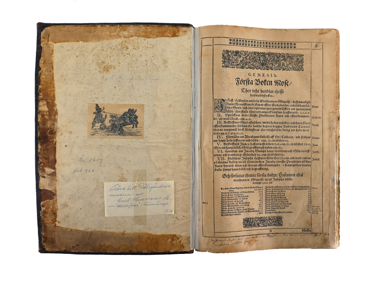 Ockelbo hembygdsförening, bibel från 1617 med anteckningar. 
Saknas kolofon, troligen Gustav II Adolfs bibel.