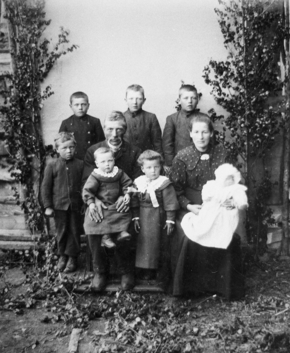 Ungane framme frå venstre: Ola, Nils, Marit og Anna Wangensteen. Foreldrene: Nils og Ingebjørg Wangensteen. Bak frå venstre: Lars, Boye og Knut Wangensteen.