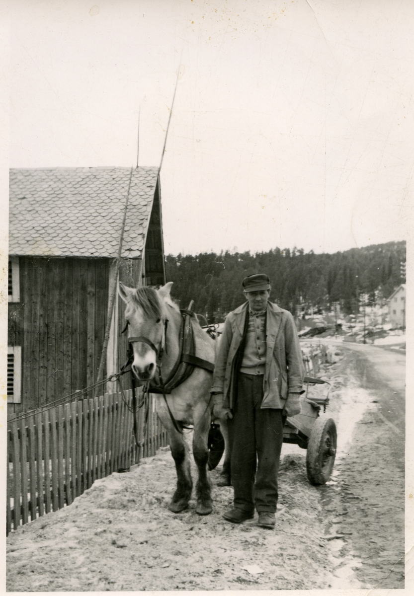 Jørgen O. Veflen med hest og kjerre nede på Solvang