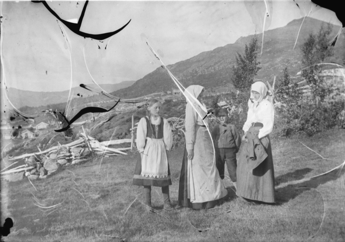 Budeier og andre på Runningssetra. Fra venstre Marit Haldogsdatter Brennjord (Brændjord eller Brendjord), Maria Hole f Brennjord, Bernt Brennjord eller Runningen og Marit Hole, gift Hjertvik på Aukra