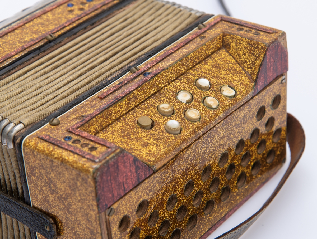 Gullspraglete overflate, med innsatte pyntejuveler. De fleste mangler. Blankt metallbeslag over knappene på høyre side foran. Lærreimer.