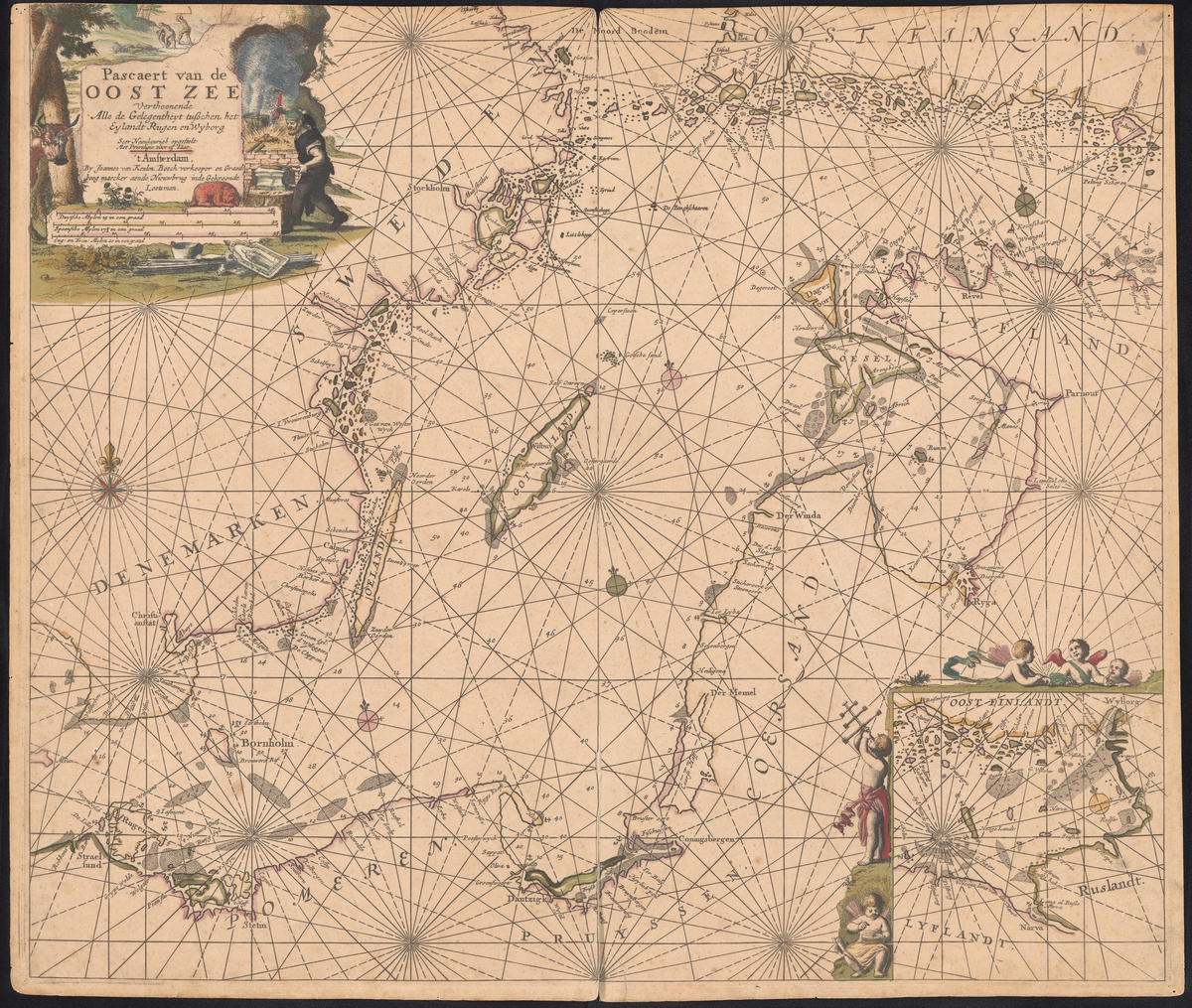 Karta över södra Östersjön.  Visar Östersjön med kusterna kring Danmark (Skåne och Blekinge), Pommern, Sverige, Öland, Gotland, Finland, Livland, Preussen.

I vänstra hörnet kring texten syns bland annat en smed.