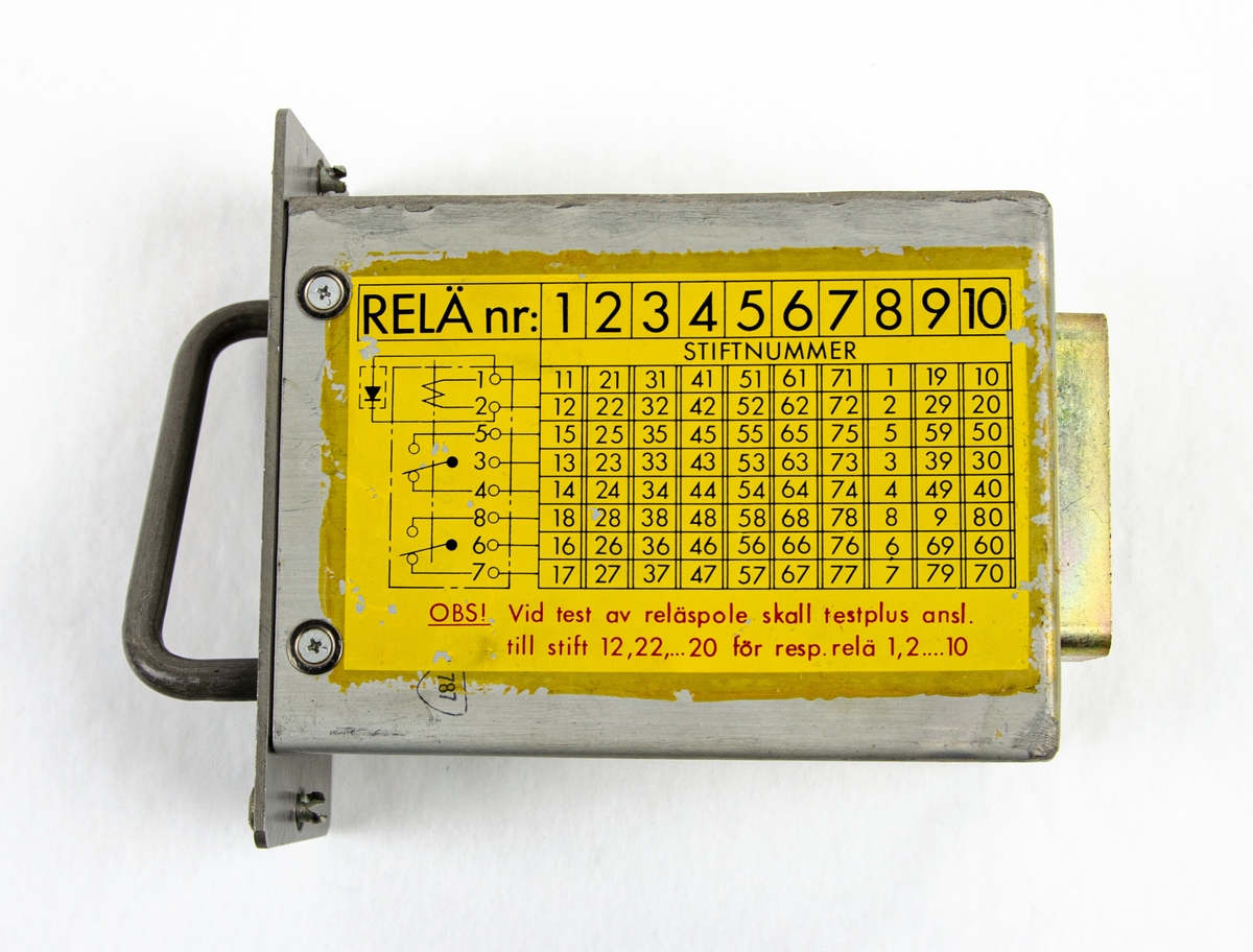 Reläbox. Grå färg, en gul klisterlapp på ena sidan med relä- samt stiftnummer. Tillverkad av SAAB.