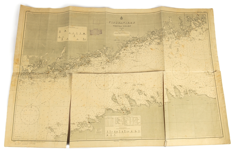 Sjökort över Estlands kust och Finska viken. Togs med på flykt från Nargö, Estland till Sverige år 1943.