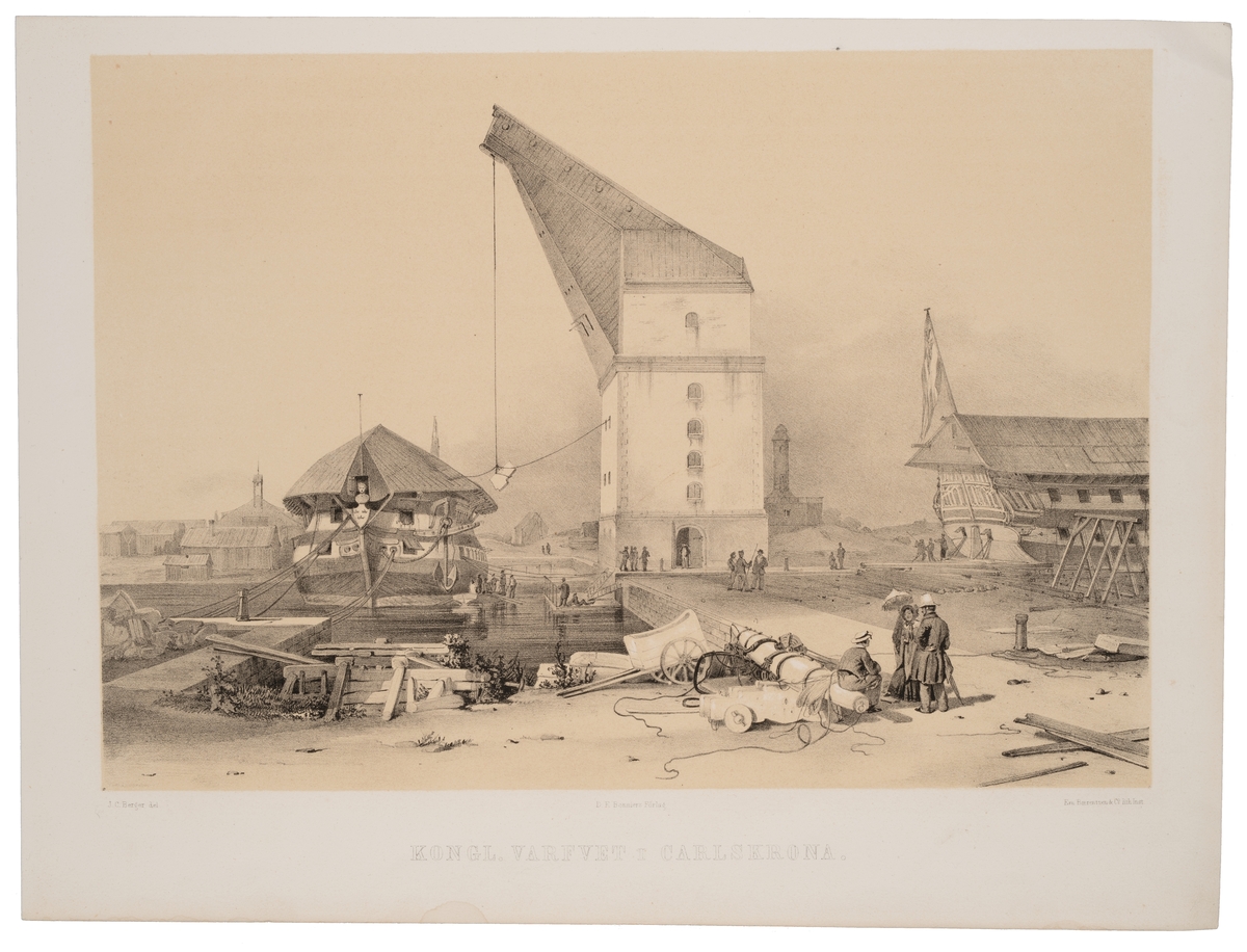 Litografi av Gamla Mastkranen, Karlskrona örlogsvarv, 1848, efter pennteckning av C J Berger. Inköpt av Åke Linnarsson, Jönköping, för 15 kronor.