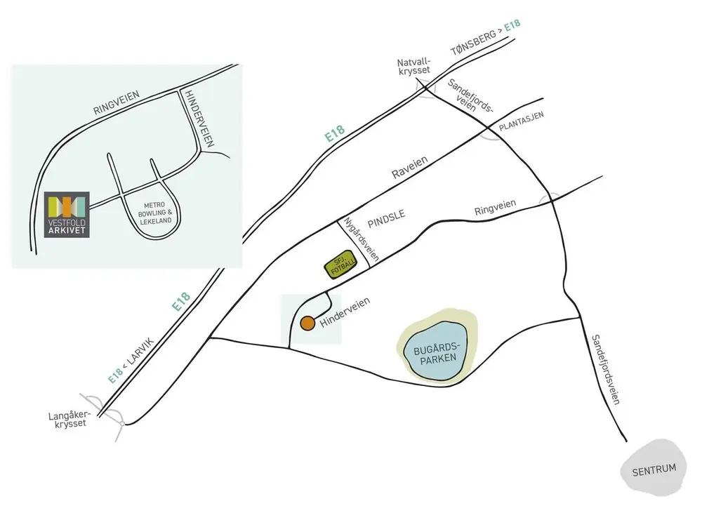 Et tegnet og forenklet kart over veinettet rundt og til Vestfoldarkivet