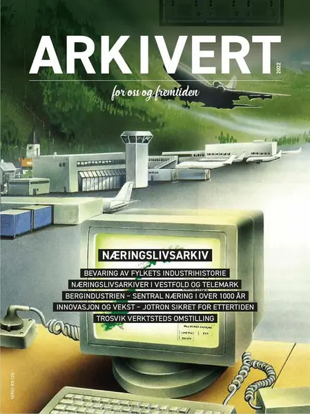 Det står ARKIVERT med store bokstaver øverst på bildet som viser en stor firkantet datamaskin og en flyplass rett ved en grønn ås. Lenger ned på siden står det Næringslivsarkiv og under der fem linjer med ulike overskrifter