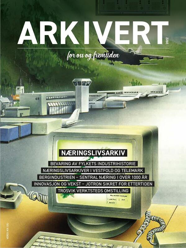Det står ARKIVERT med store bokstaver øverst på bildet som viser en stor firkantet datamaskin og en flyplass rett ved en grønn ås. Lenger ned på siden står det Næringslivsarkiv og under der fem linjer med ulike overskrifter