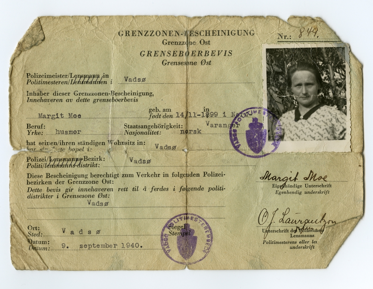 Portrett på tysk/norsk grensebeboerbevis fra 1940.