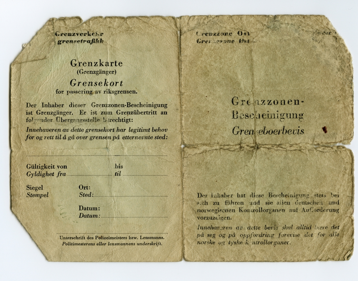 Portrett på tysk/norsk grensebeboerbevis fra 1940.