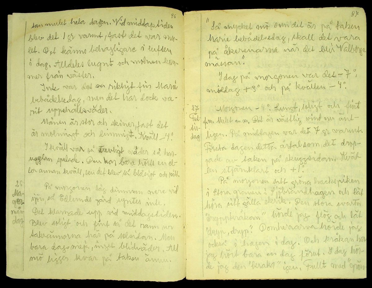 Dagbok skriven år 1956 av Rällsjö Brita på Rällsjögården i Bjursås socken. 
Innehåller bl.a. anteckningar om väderlek, fågelobservationer och diverse händelser (järnvägsolyckor m.m)