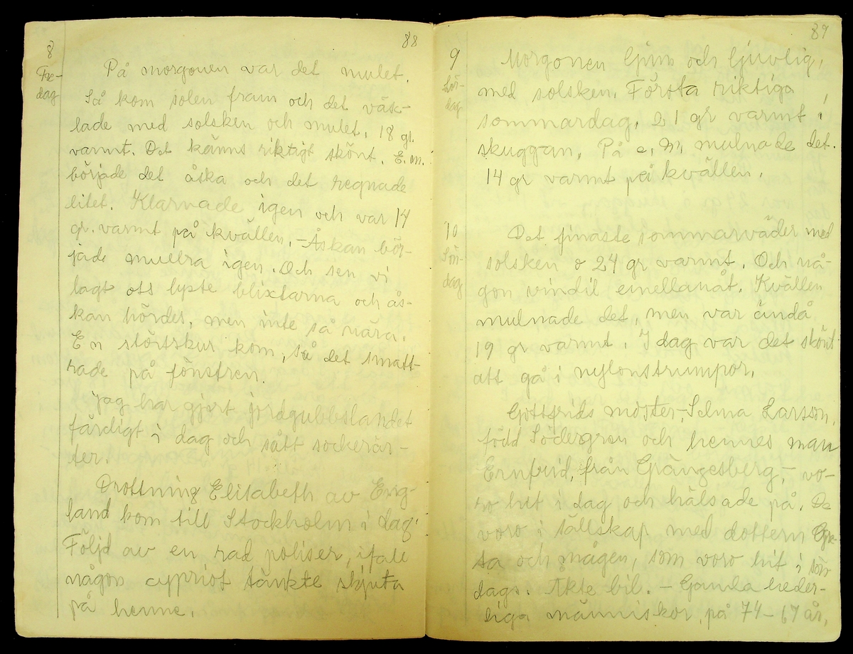 Dagbok skriven år 1956 av Rällsjö Brita på Rällsjögården i Bjursås socken. 
Innehåller bl.a. anteckningar om väderlek, fågelobservationer och diverse händelser (järnvägsolyckor m.m)