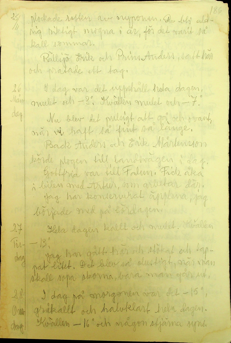 Dagbok skriven år 1956 av Rällsjö Brita på Rällsjögården i Bjursås socken. 
Innehåller bl.a. anteckningar om väderlek, fågelobservationer och diverse händelser (järnvägsolyckor m.m)