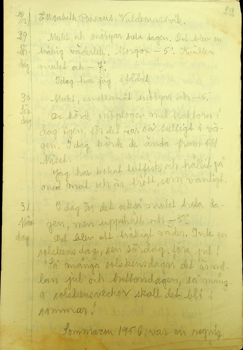 Dagbok skriven år 1956 av Rällsjö Brita på Rällsjögården i Bjursås socken. 
Innehåller bl.a. anteckningar om väderlek, fågelobservationer och diverse händelser (järnvägsolyckor m.m)