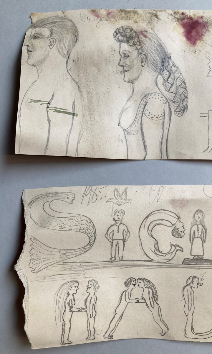 To papirark med blyanttegninger og skriblerier på begge sider. Pasienten har blant annet skrevet navnet sitt med bokstaver av menneskefigurer. Han har også skrevet navnene Cato Buch, Gjest Bårdsen, Ole Høiland og Ragnvald jarl.
