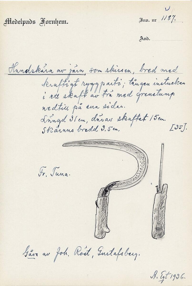 Enligt Inventarieboken I: Dep nr 34 och 35. Nya nummer 1188 och 1187. Skäror från Tuna socken. Ägaren: herr Joh. Röst, Gustafsberg, Alnö.

