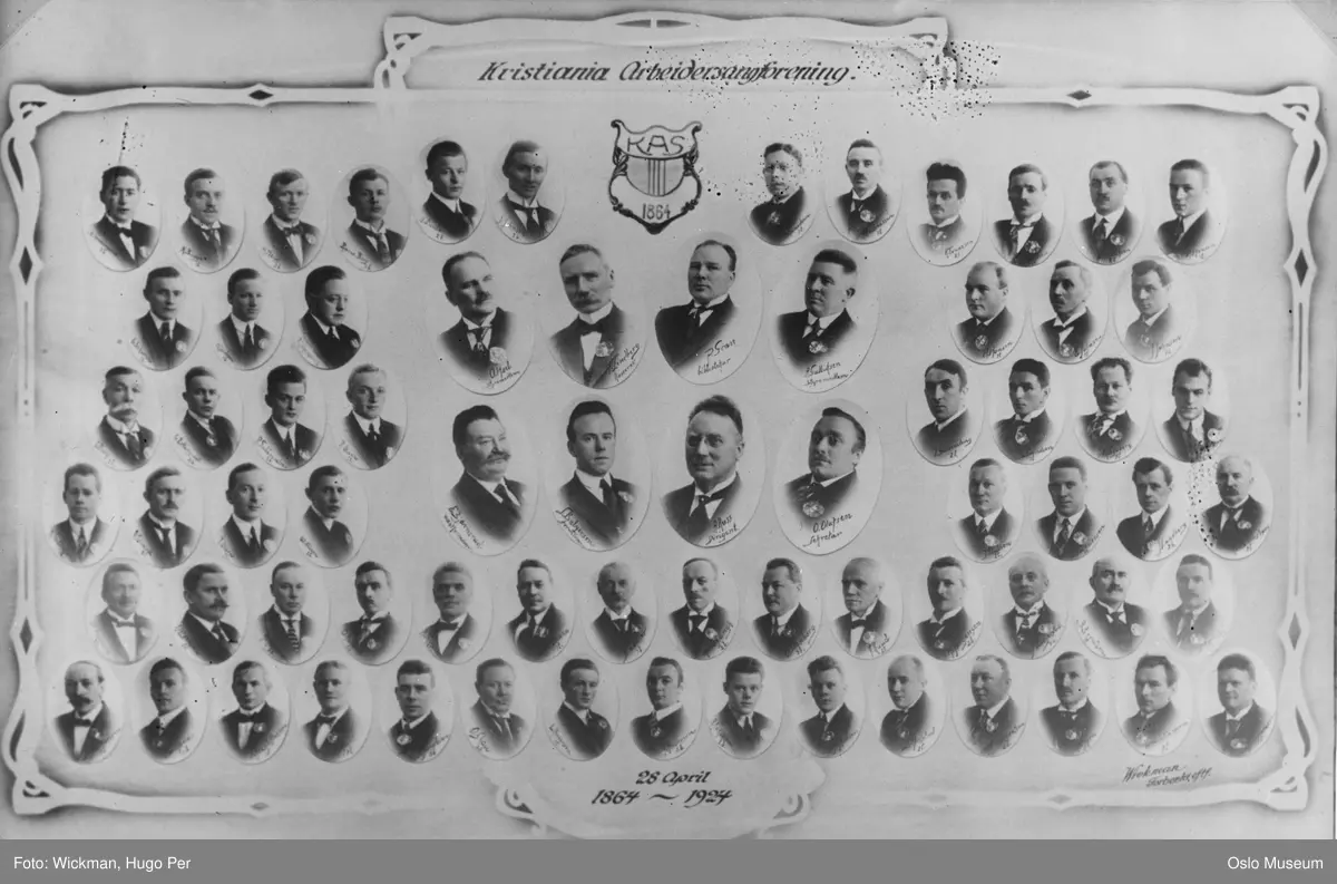 montasje: Kristiania Arbeidersangforening, sangkor, portretter, menn