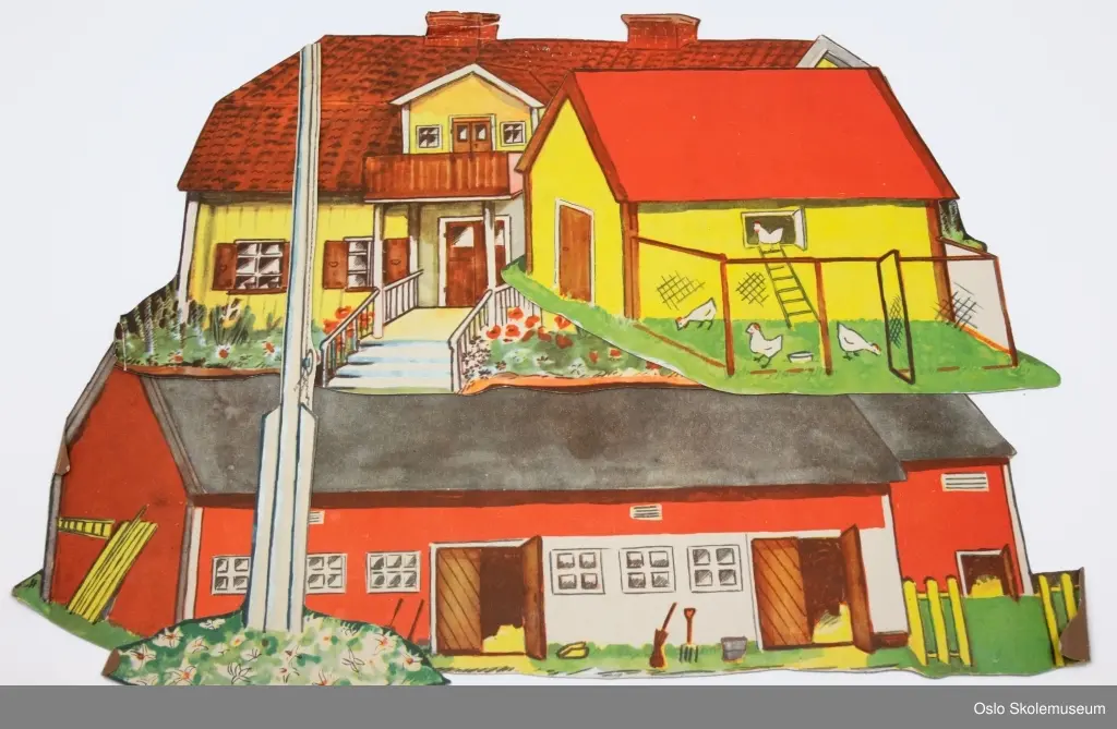 Foldbar mappe i papp med knyting. I mappen er det seks rom merket med hendholdsvis "Människor", "Djur", "Växter", "Byggnader", "Redskap" og "Diverse". I disse ligger det utklipte deler til flanellograf. Baksiden på delene har tre ulik farge, men stilen på tegningene tyder på at det kan være to sett.