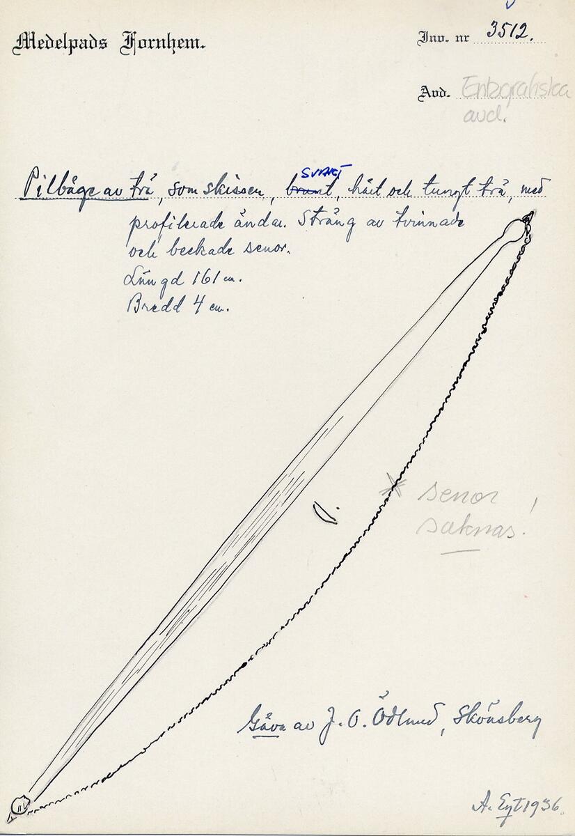 "Pilbåge av trä, som skissen, brun, hård och tung profilerade spetsar sträng av tvinnade och beckade senor. Bågen rak. - Längd 161 cm. Bredd 4 cm. - Fr. Söderhavsöarna. - Gåva av J O Ödlund, Skönsberg." (skiss) (Ur Lappkatalogen. Arvid Enqvist, 1936)

